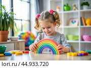 Toys. A little girl is playing educational games. A rainbow-shaped children's toy, colored pyramids and logic toys for children. Montessori games for child development. Стоковое AI-изображение, AI-художник Photojuli / Фотобанк Лори