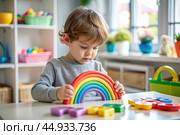 Toys. A little boy is playing educational games. A rainbow-shaped children's toy, colored pyramids and logic toys for children. Montessori games for child development. Стоковое AI-изображение, AI-художник Photojuli / Фотобанк Лори