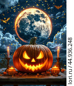 Halloween - annually October 31. One of the most famous attributes is the pumpkin lantern, or Jack's lamp — it is a hollow pumpkin, on which an ominous grimace is carved, and a candle is placed inside. Стоковое AI-изображение, AI-художник Сергей Елизарьев / Фотобанк Лори