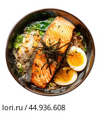 Salmon ramen soup with soba noodles, eggs and green onions in bowl. Стоковое AI-изображение, AI-художник Иван Рябоконь / Фотобанк Лори