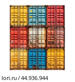 Colorful stack of old intermodal shipping containers showing signs of age and wear. Стоковое AI-изображение, AI-художник Иван Рябоконь / Фотобанк Лори