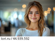 Улыбающаяся девушка в офисе. Стоковое AI-изображение, AI-художник Щеголева Ольга / Фотобанк Лори