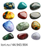 Set of beautiful smooth polished mineral stones isolated on white background. Стоковое AI-изображение, AI-художник Иван Рябоконь / Фотобанк Лори