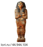 Ancient egyptian wooden sarcophagus standing upright on white background. Стоковое AI-изображение, AI-художник Иван Рябоконь / Фотобанк Лори