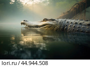 A gharial, a long-snouted crocodile with a narrow muzzle, swims on a quiet river. Стоковое AI-изображение, AI-художник Veniamin Kraskov / Фотобанк Лори