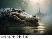 A gharial, a long-snouted crocodile with a narrow muzzle, swims on a quiet river. Стоковое AI-изображение, AI-художник Veniamin Kraskov / Фотобанк Лори