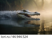 A gharial, a long-snouted crocodile with a narrow muzzle, swims on a quiet river. Стоковое AI-изображение, AI-художник Veniamin Kraskov / Фотобанк Лори