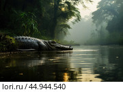 A gharial, a long-snouted crocodile with a narrow muzzle, swims on a quiet river. Стоковое AI-изображение, AI-художник Veniamin Kraskov / Фотобанк Лори