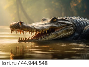 A gharial, a long-snouted crocodile with a narrow muzzle, swims on a quiet river. Стоковое AI-изображение, AI-художник Veniamin Kraskov / Фотобанк Лори