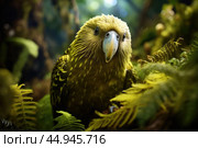 Kakapo parrot revels in its natural habitat surrounded by lush greenery. Стоковое AI-изображение, AI-художник Veniamin Kraskov / Фотобанк Лори