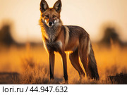 A majestic Maned Wolf stands tall in the golden glow of the South American savannah. Стоковое AI-изображение, AI-художник Veniamin Kraskov / Фотобанк Лори