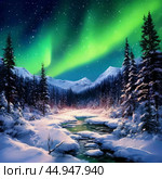 Forest river under the starry night sky, northern lights. Winter landscape. Стоковое AI-изображение, AI-художник Сергей Елизарьев / Фотобанк Лори