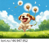A cheerful puppy flies on a white dandelion, like on a parachute. Стоковое AI-изображение, AI-художник Сергей Елизарьев / Фотобанк Лори