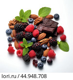 Smart nutrition for brain health - A composition of fresh berries, nuts, green leaves and pieces of dark chocolate. Стоковое AI-изображение, AI-художник Veniamin Kraskov / Фотобанк Лори