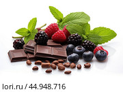 Smart nutrition for brain health - A composition of fresh berries, nuts, green leaves and pieces of dark chocolate. Стоковое AI-изображение, AI-художник Veniamin Kraskov / Фотобанк Лори