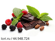 Smart nutrition for brain health - A composition of fresh berries, nuts, green leaves and pieces of dark chocolate. Стоковое AI-изображение, AI-художник Veniamin Kraskov / Фотобанк Лори