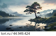Serenity unfolds in tranquil, undisturbed natural landscapes. Стоковое AI-изображение, AI-художник Veniamin Kraskov / Фотобанк Лори