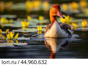 The elusive Madagascar Pochard, a rare and endangered duck species. Стоковое AI-изображение, AI-художник Veniamin Kraskov / Фотобанк Лори
