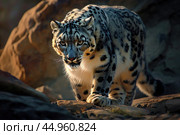A snow leopard displaying its stealth and predatory instincts in the shadows of a rocky landscape. Стоковое AI-изображение, AI-художник Veniamin Kraskov / Фотобанк Лори
