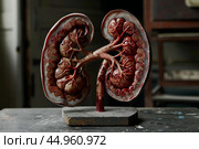 Anatomical model of human kidneys showing blood vessels and arteries. Стоковое AI-изображение, AI-художник Иван Рябоконь / Фотобанк Лори