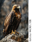 The intense gaze of a golden eagle, perched on a rocky ledge. Стоковое AI-изображение, AI-художник Veniamin Kraskov / Фотобанк Лори