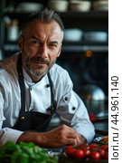 An attractive male chef, showcasing his culinary mastery and charisma. Редакционное AI-изображение, AI-художник Veniamin Kraskov / Фотобанк Лори