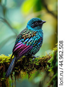 The intricate details of the Spangled Cotinga's plumage. Стоковое AI-изображение, AI-художник Veniamin Kraskov / Фотобанк Лори