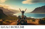 A woman celebrating freedom on a trip to the seaside. An adventurous off-road trip. Стоковое AI-изображение, AI-художник Ярославский Максим / Фотобанк Лори