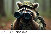 A raccoon is wearing a backpack and holding binoculars. Стоковое AI-изображение, AI-художник Виктория Кольцова / Фотобанк Лори