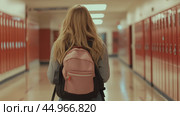 A student walks down a school hallway with lockers during the school day in bright lighting. Стоковое AI-изображение, AI-художник Юлия Гапеенко / Фотобанк Лори
