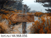 Old wooden signpost pointing to the left in nature. Стоковое AI-изображение, AI-художник Иван Рябоконь / Фотобанк Лори