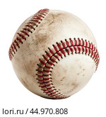 Close up of worn leather baseball showing red stitching. Стоковое AI-изображение, AI-художник Иван Рябоконь / Фотобанк Лори