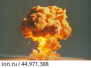 Huge fireball explosion with debris expanding on gray background. Стоковое AI-изображение, AI-художник Иван Рябоконь / Фотобанк Лори
