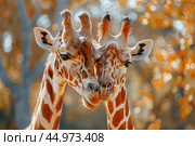 Two giraffes close together, gently nuzzling in a display of affection and connection. Стоковое AI-изображение, AI-художник Veniamin Kraskov / Фотобанк Лори