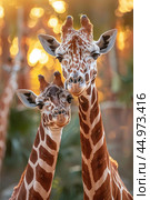 Two giraffes close together, gently nuzzling in a display of affection and connection. Стоковое AI-изображение, AI-художник Veniamin Kraskov / Фотобанк Лори