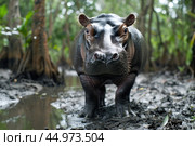 The pygmy hippopotamus is a small, shy, semi-aquatic mammal native to the forests and swamps of West Africa. Стоковое AI-изображение, AI-художник Veniamin Kraskov / Фотобанк Лори