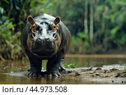 The pygmy hippopotamus is a small, shy, semi-aquatic mammal native to the forests and swamps of West Africa. Стоковое AI-изображение, AI-художник Veniamin Kraskov / Фотобанк Лори