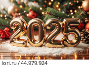 The banner. Happy New Year and Merry Christmas. Shiny 2025 numbers, sequins and a beautiful bokeh on a dark background. The flyer. Invitation. Стоковое AI-изображение, AI-художник Photojuli / Фотобанк Лори