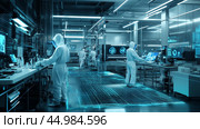 Advanced research facility with scientists in protective suits analyzing data on high-tech equipment. Стоковое AI-изображение, AI-художник Сергей Толмачёв / Фотобанк Лори