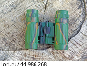 Бинокль  на фоне спила ствола дерева. Binoculars against the background of a cut tree trunk. Стоковое фото, фотограф Татьяна Д / Фотобанк Лори