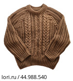 Brown knitted cable wool jumper sweater isolated on white background. Стоковое AI-изображение, AI-художник Иван Рябоконь / Фотобанк Лори