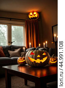 Halloween glowing decor in the cozy interior of the house made of pumpkins, garlands, Jack Latern, candles. Halloween party In the evening at dusk. AI generated. Стоковое AI-изображение, AI-художник Ольга Симонова / Фотобанк Лори