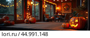 Halloween glowing decor in the cozy interior of the house made of pumpkins, garlands, Jack Latern, candles. Halloween party In the evening at dusk. AI generated. Стоковое AI-изображение, AI-художник Ольга Симонова / Фотобанк Лори