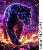 Black panther running in sparks and flames. Стоковое AI-изображение, AI-художник Сергей Елизарьев / Фотобанк Лори