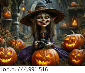 Halloween - annually October 31. One of the most famous attributes is the pumpkin lantern, or Jack's lamp — it is a hollow pumpkin, on which an ominous grimace is carved, and a candle is placed inside. Стоковое AI-изображение, AI-художник Сергей Елизарьев / Фотобанк Лори