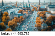 Network connections spanning across a busy city with church steeples rising above. Стоковое AI-изображение, AI-художник Юрий Поздников / Фотобанк Лори