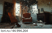Chaos unfolds in a once-comfortable living room as debris flies during an explosion, capturing a moment of destruction and disarray. Стоковое AI-изображение, AI-художник Сергей Толмачёв / Фотобанк Лори
