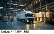 Large truck delivers freight in a busy industrial warehouse during daytime operations. Стоковое AI-изображение, AI-художник Сергей Толмачёв / Фотобанк Лори