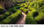 A beautifully manicured maze of green hedges in a serene garden on a sunny day providing a peaceful escape. Стоковое AI-изображение, AI-художник Сергей Толмачёв / Фотобанк Лори