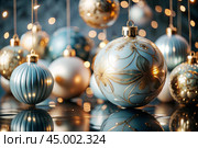 Happy New Year 2025. Beautiful Christmas background, banner made of glass Christmas balls. Стоковое AI-изображение, AI-художник Photojuli / Фотобанк Лори